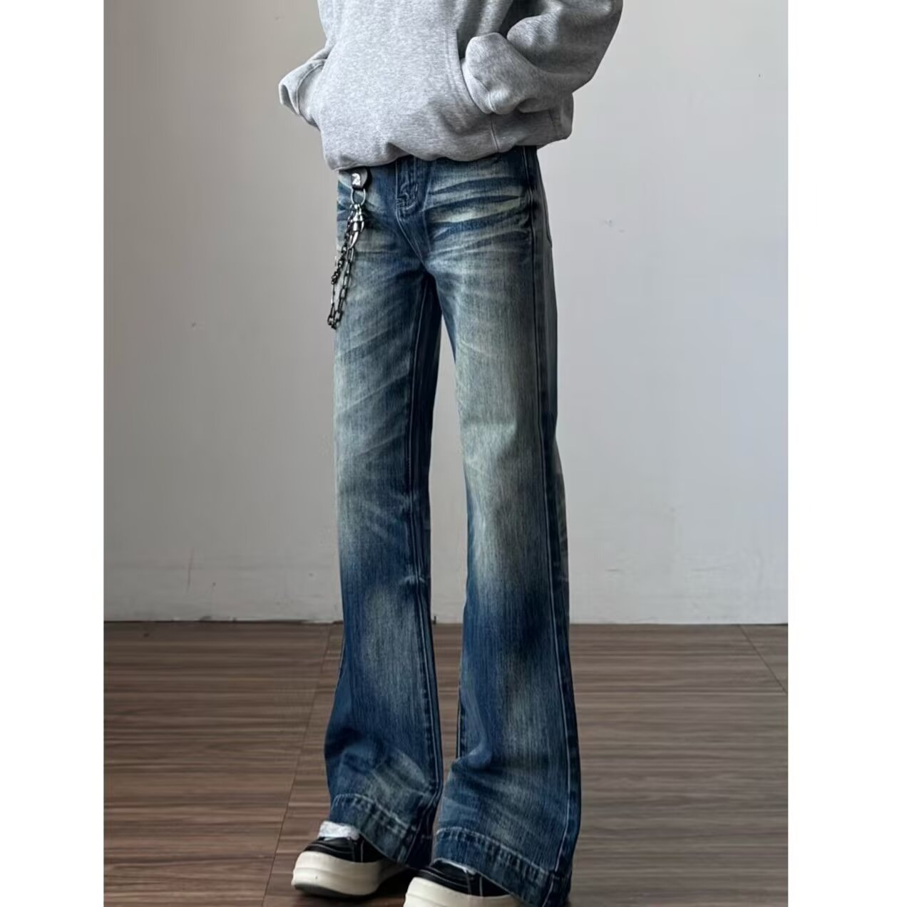 Men's Clothing Unisex Distressed Wide Leg Trousers Hong Kong Style Flared Jeans Retro Loose Fit For Commuting_mkmklike.com