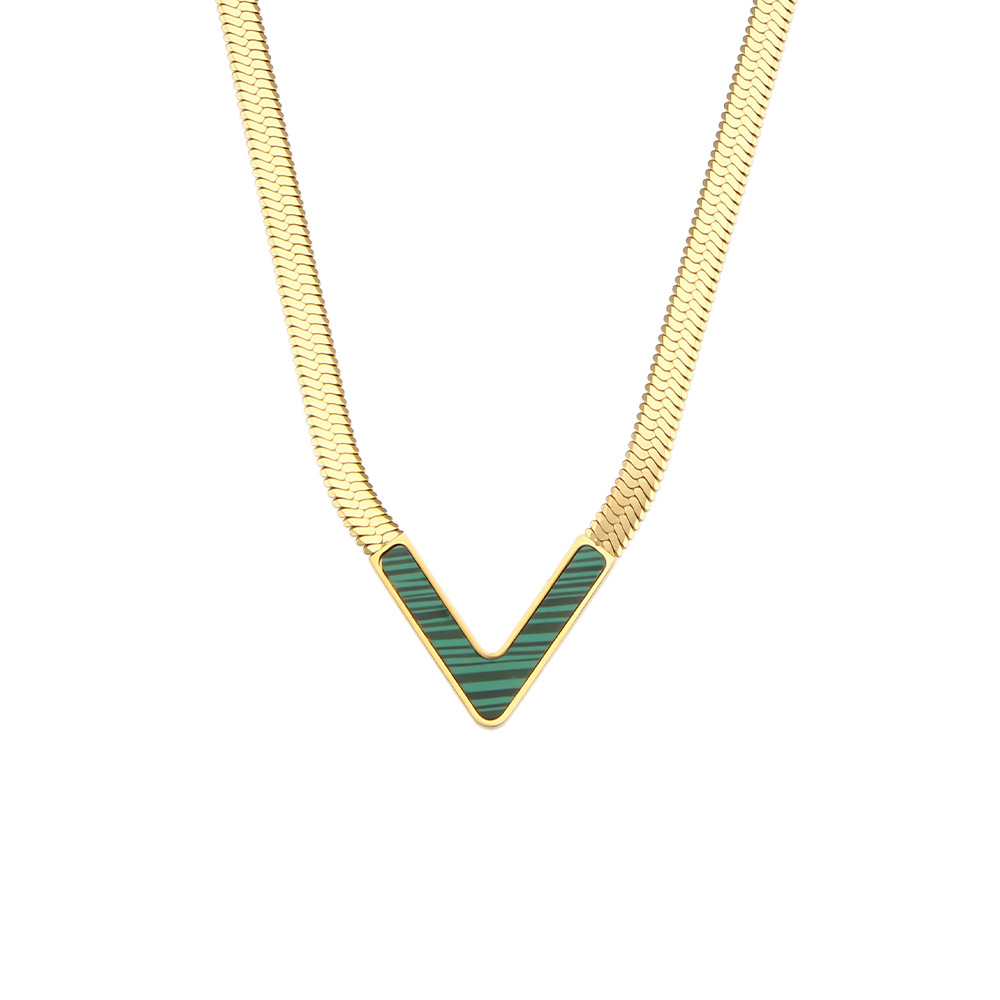 Fashion V-Shaped White Shell Malachite Flat Snake 18K Gold Stainless Steel Necklace