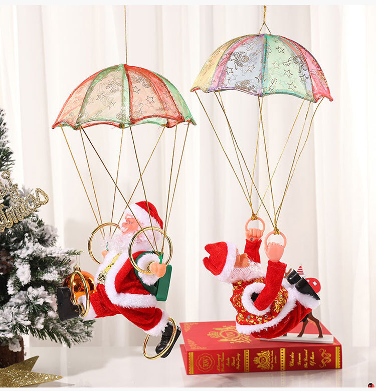 Decorazione natalizia creativa da appendere al soffitto con paracadute elettrico e musica di Babbo Natale, capriola e danza, regalo_voghion.com