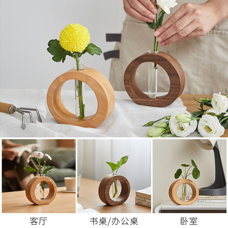 Decoración de escritorio de sala de estar de estilo japonés de madera maciza, decoración de arreglos florales, mini jarrón de vidrio, hidropónico de flores acuáticas transparentes