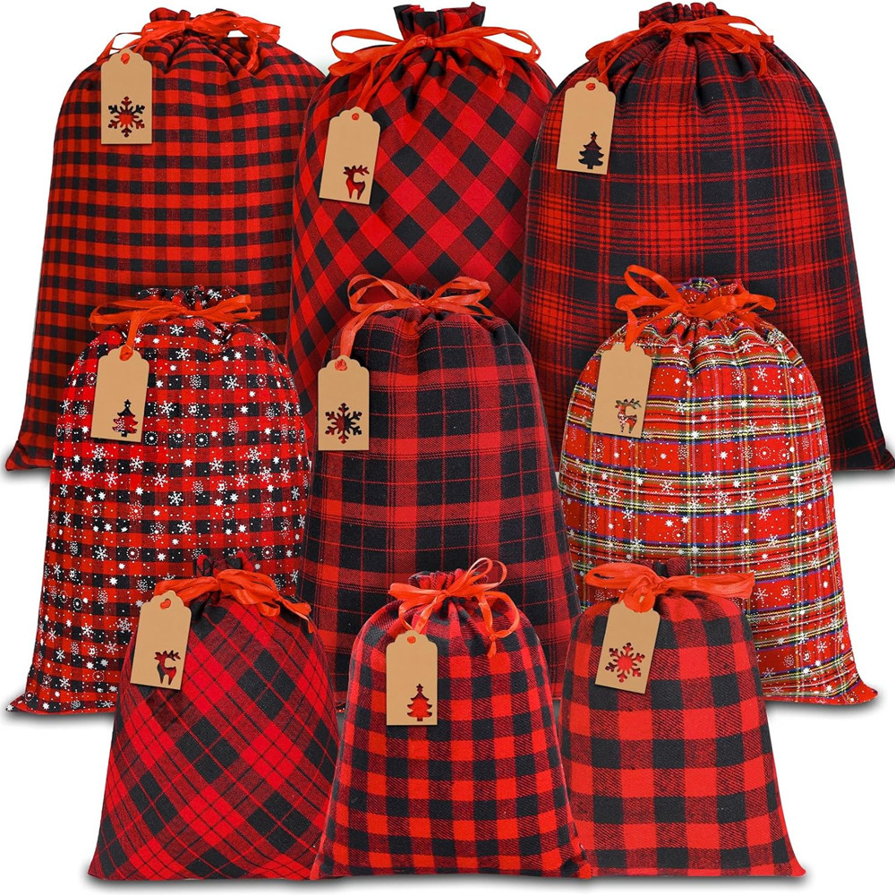 圣诞抽绳袋法罗格子袋红黑包装储物袋圣诞节棉布牛皮纸标签糖果袋