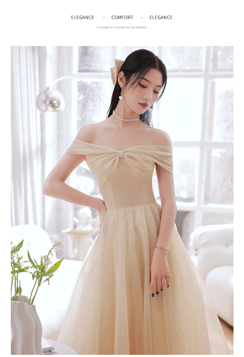 一字肩晚礼服女2025新款宴会气质主持人香槟色轻奢名媛年会晚礼服-阿里巴巴
