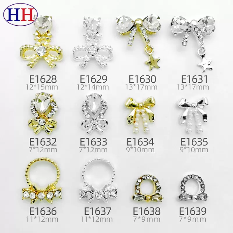 网红LZ新款蝴蝶结美甲饰品混批合金水钻蝴蝶结吊坠流苏美甲钻批发