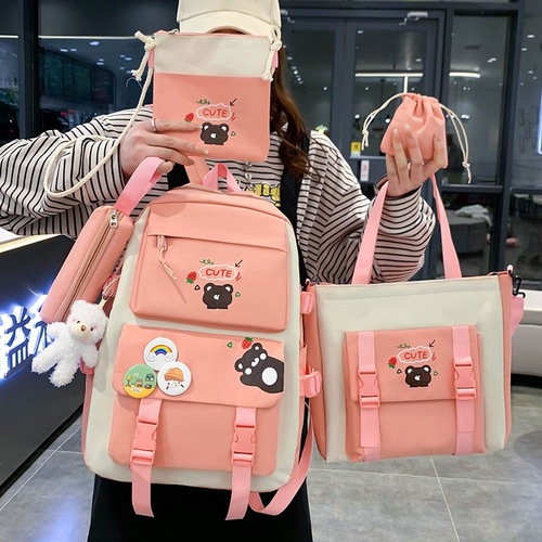 New casual backpack campus cute elementary school students junior high school students school bag ins Harajuku simple five-piece backpack