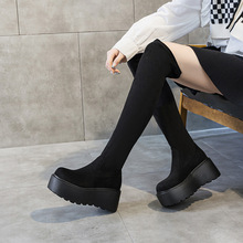 绒面过膝高筒长靴女2025秋冬保暖松糕底弹力靴小个子显瘦骑士靴