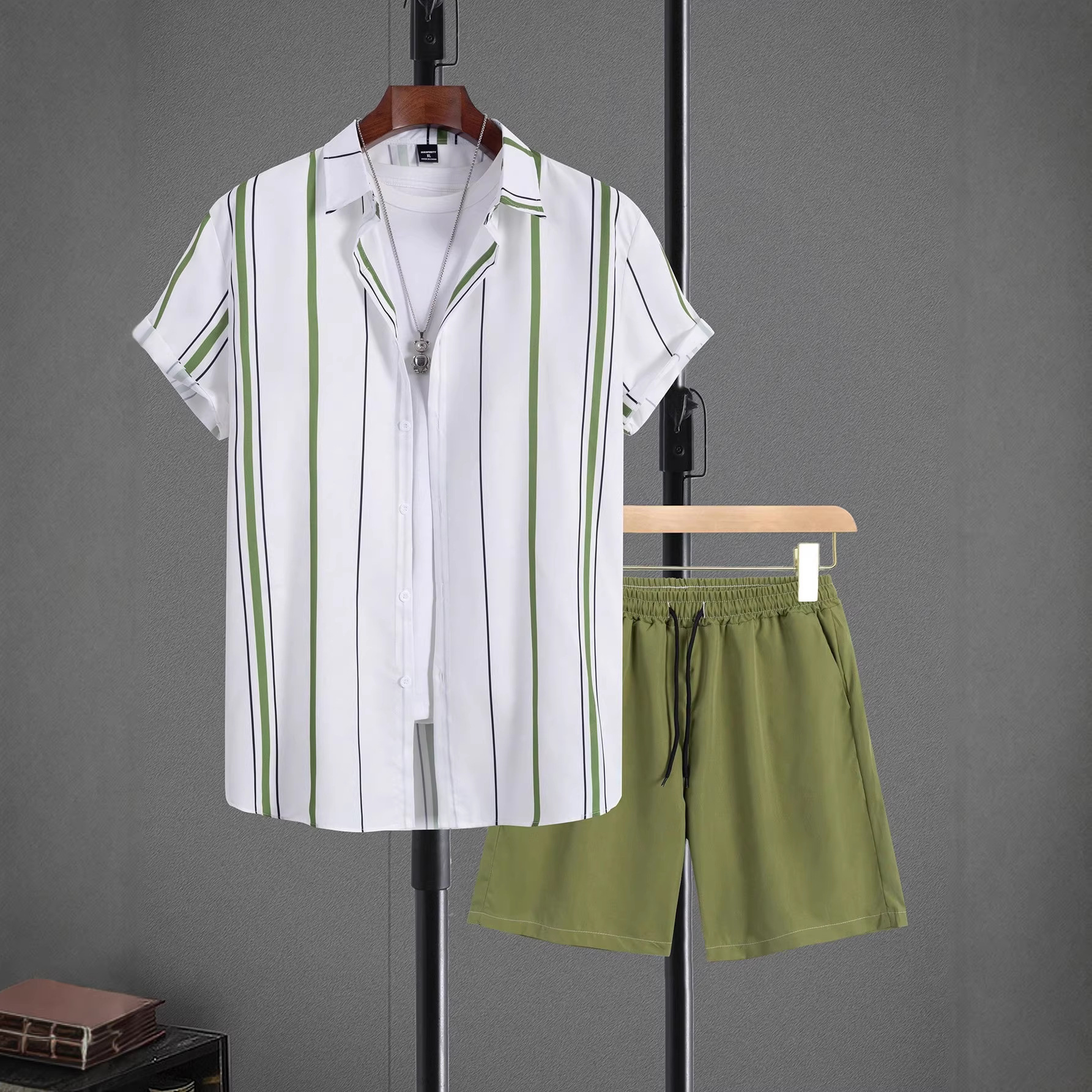 Lässiges Herren-Hawaiihemd-Set, Sommermode, Kurzarm, 3D-Streifenmuster, zweiteilig_voghion.com