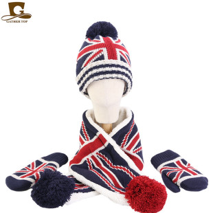 Autumn and winter British flag children jacquard wool hat gloves three-piece set baby outdoor warm scarf set