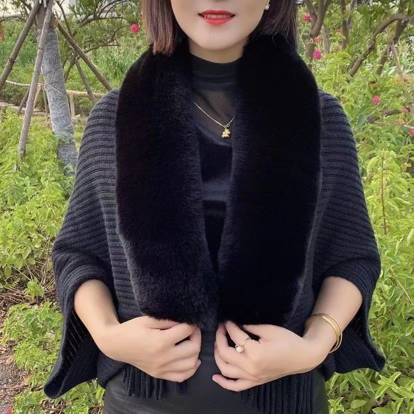 Autumn And Winter Loose Version Thick Imitation Rabbit Fur Collar Sweater Fashion New Lady Cardigan Knitted Wool Shawl