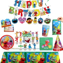 亚马逊新款儿童生日派对芝麻街主题活动一次性蛋糕纸盘叉餐具套装