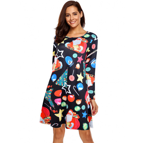 Women's eBaywish Christmas Print Dress, Multi-Print Long Sleeve, Elegant Christmas Limited Edition