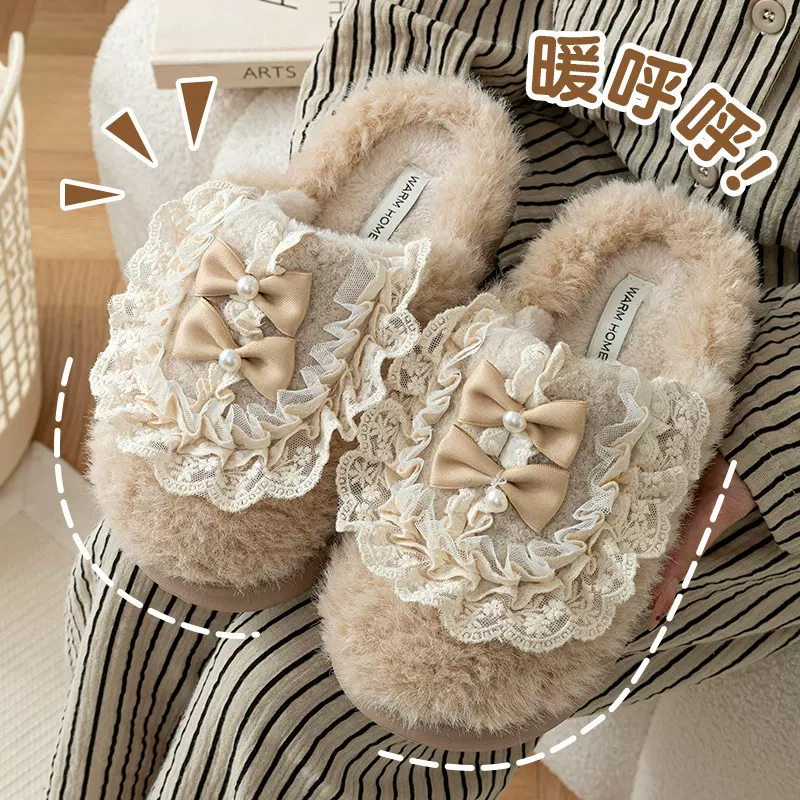 棉拖鞋女生秋冬季2025新款居家室内洛丽塔风格蝴蝶结百搭毛毛拖鞋