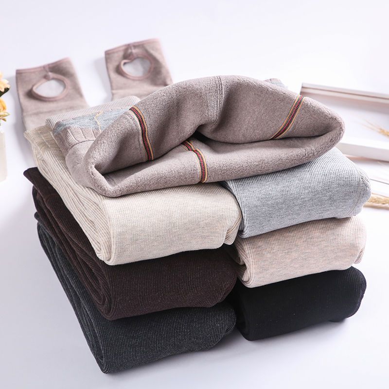 가을과 겨울 여성 레깅스 플러스 벨벳 두꺼운 코튼 하이웨이스트 대형 사이즈 아우터웨어 세로 줄무늬 실 레깅스 봄과 가을