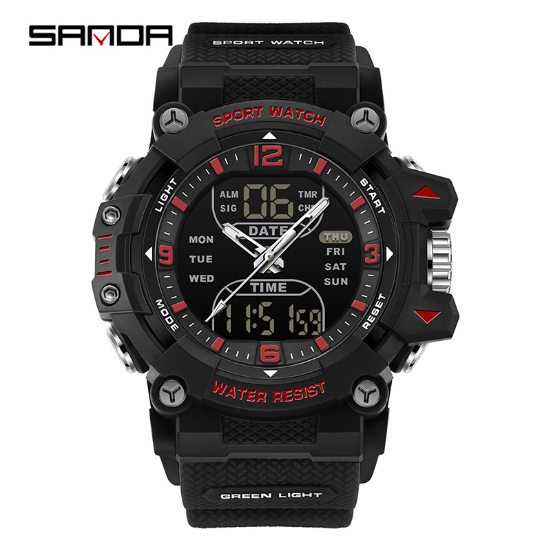 SANAD Sanda Dual Display Deportivo Estudiante Multifuncional Luz Nocturna Tres Destinados Reloj de pulsera Reloj electrónico de segmento impermeable