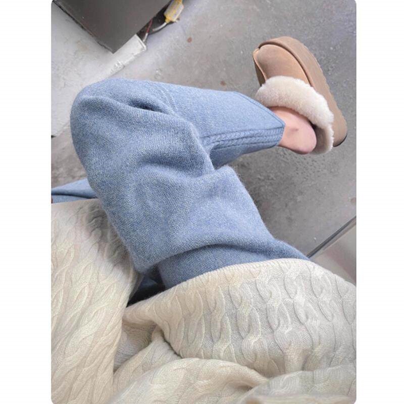 Super stylish women's pants 2025 new early autumn straight-leg relaxed style light blue knitted trousers Super stylish women's pants 2025 new early autumn straight-leg relaxed style light blue knitted trousers
