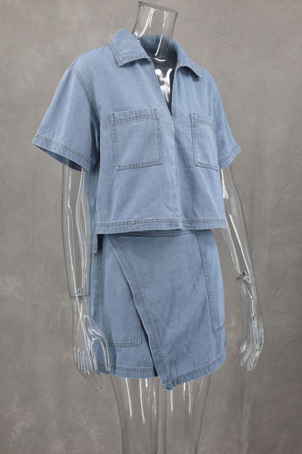 Comfort Casual Denim Women Summer Loose Slimming Polo Short Sleeve Shirt Irregular Asymmetric Pantskirt Two Piece Set