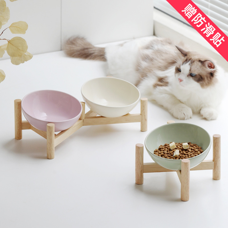 Bisel biselada tazón de cerámica suministros para mascotas gato y perro tazón de comida tazón para beber doble tazón antidetonantes protección del cuello del pie alto