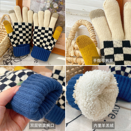 Korean Style Checkered Adult Knit Warm Gloves Winter Unisex Couples Large Double Layer Thick Fleece