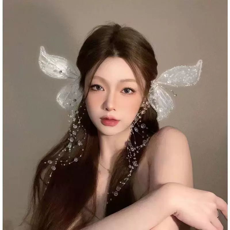 Свадебный головной убор INS Chaoxian Mori Elves Breakamic, кристальные волосы, плоские кристальные крылья бабочки, развевающиеся сбоку