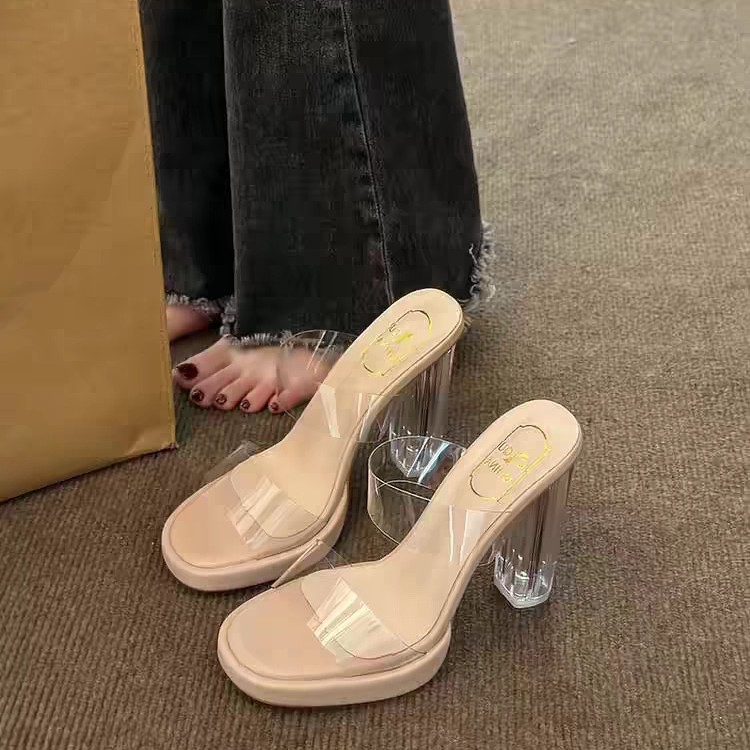 French Fairy Style Half-Slip New Style Waterproof Platform for Small People with Skirt and One-Line Transparent High-Heeled Sandals