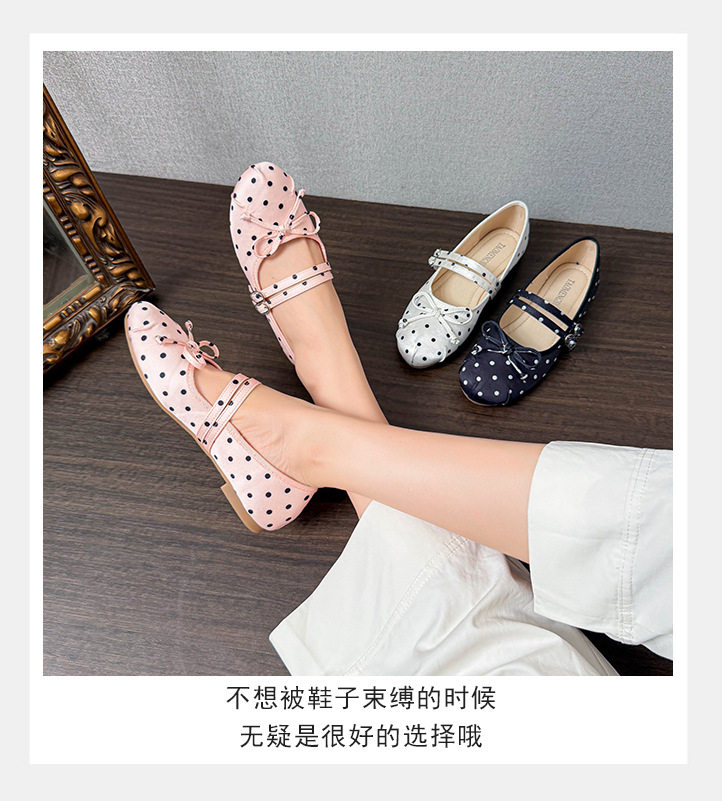 Giày búp bê Mary Jane nữ mũi tròn chất liệu satin chấm bi thắt nơ, đế bằng gót thấp — Màu hồng, Màu trắng, màu đen chi tiết 12