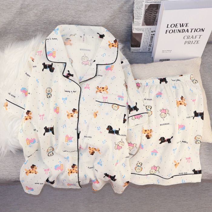 Pijamas de algodón nubes al por mayor transfronterizos de mujeres pantalones cortos de mangas cortas de verano nuevos cardigans con solapas de dibujos animados lindos cubiertas de ropa para el hogar