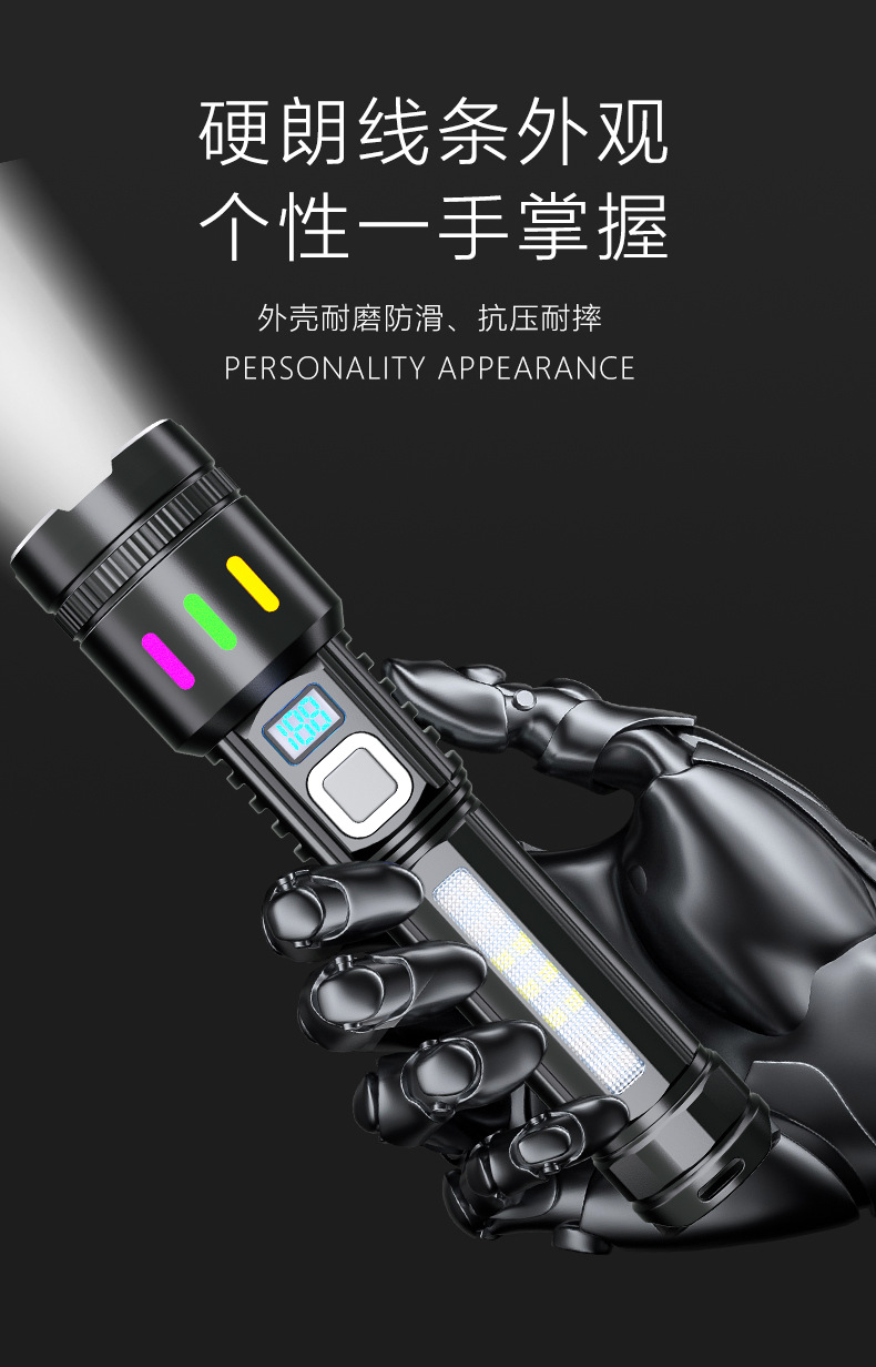 Cross-Border Outdoor High-Intensity Flashlight, White Laser Aluminum Alloy Flashlight, Long-Lasting Battery, Electric Display, Zoomable Handheld Flashlight