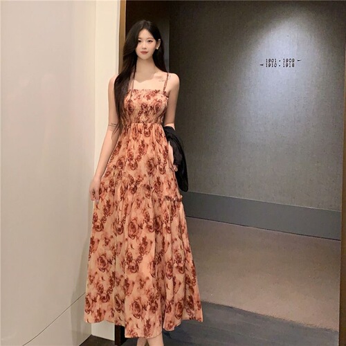 French coffee break dress, suspender dress, women's summer new style, fat MM waist, slimming, covering meat, rose floral long dress