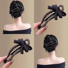 手工贴钻鸭嘴夹高端黑色蝴蝶结抓夹女网红后脑勺懒人夹盘发夹发饰