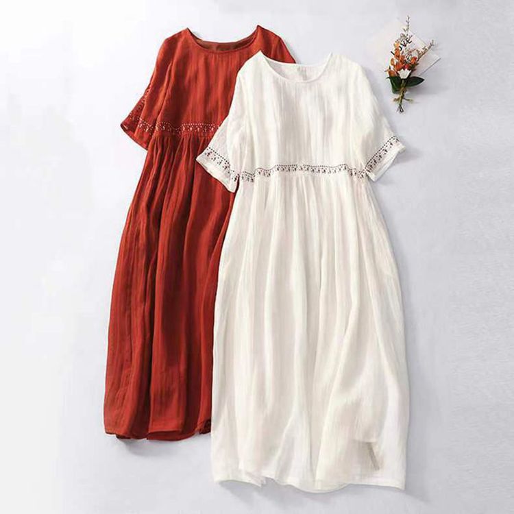 2025 Summer Large Size Fat mm Classy Dress Literary Retro Loose Embroidered Cotton and Linen Large Hem Short-Sleeved Mid-Length