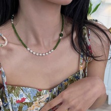 新中式复古绿琉璃混彩珍珠项链轻奢小众串珠显白元宝扣国风颈链女