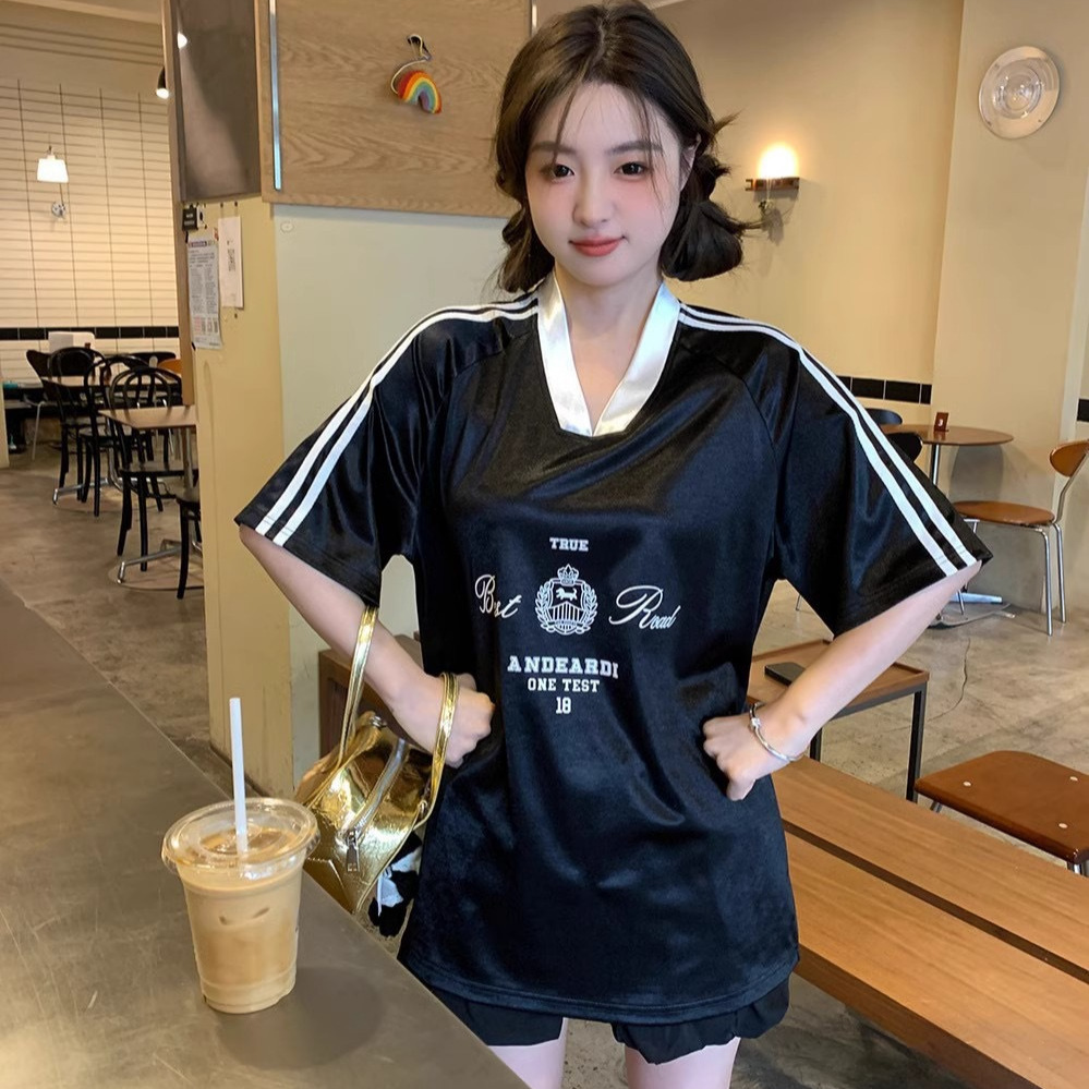 Trendy Brand American-style Bright-faced Motorcycle Sports T-shirt Short-sleeved Men's and Women's Summer Printed V-neck Jersey Top Basketball Loose