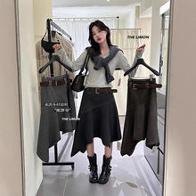 thelimon柠檬绿茶2025秋季美拉德不规则下摆高腰显瘦牛仔半身裙女