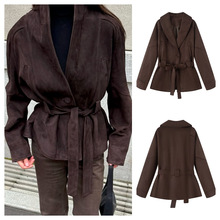 跨境欧美风女装2025秋冬季新款美拉德收腰高级感翻领风衣外套