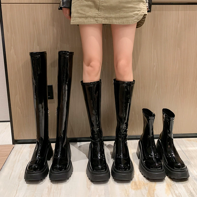Ботильоны на платформе из лакированной кожи на толстой подошве Ботильоны на высоком каблуке Женские Сапоги выше колена на толстом каблуке Женские высокие сапоги Эластичные сапоги Женские рыцарские сапоги