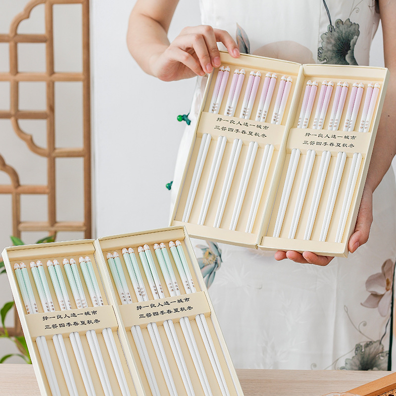 Palillos de cerámica chinos 10 pares antideslizantes y resistentes al calor estilo zen con loto en caja de regalo