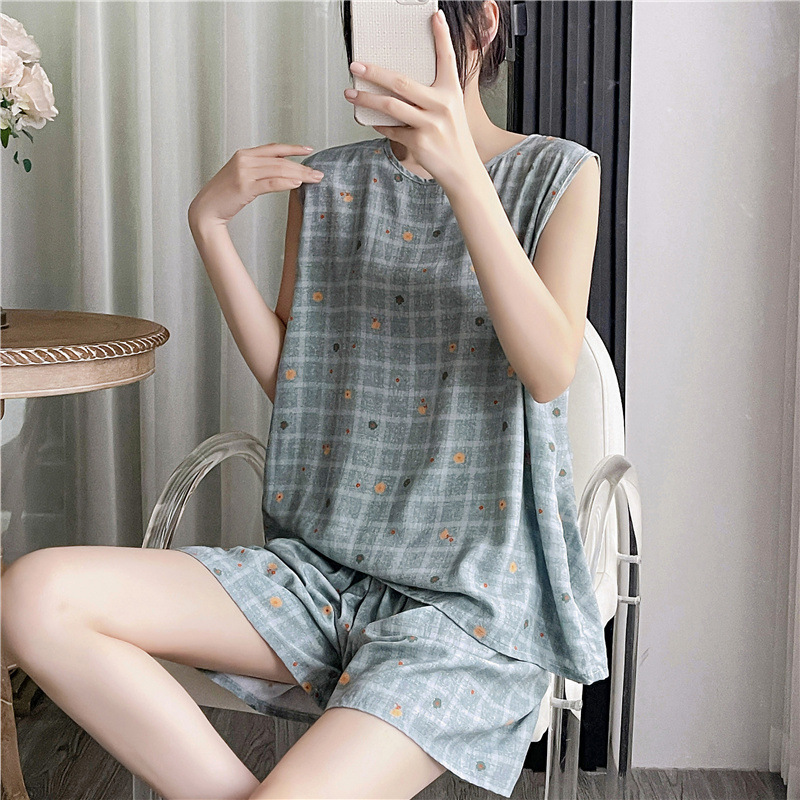 Nuevo pijama de verano de las mujeres de algodón fino de seda lindo de dibujos animados sexy estilo coreano más tamaño traje de dos piezas desgaste del hogar de verano