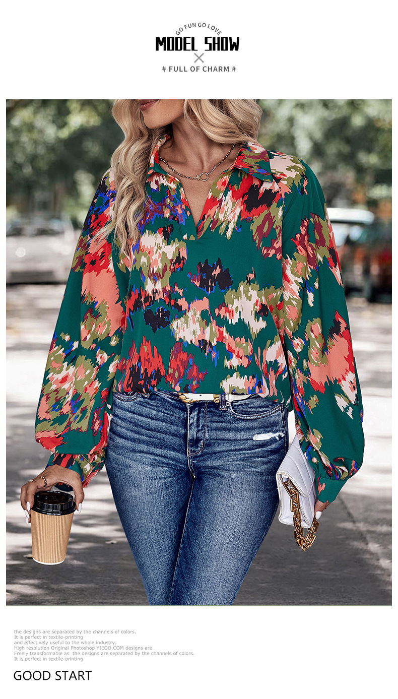 Lässiges, langärmliges Hemd mit Knopf und Revers und Blumenmuster_voghion.com