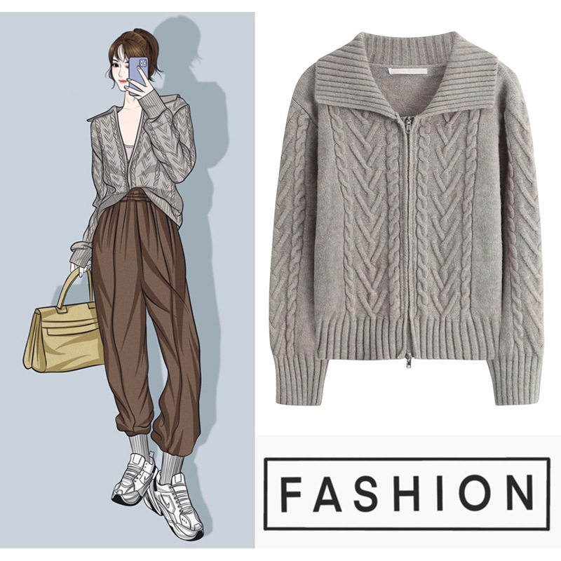 공장 맞춤형 폭발 그레이 지퍼 트위스트 레트로 재킷 여성용 게으른 올매치 느슨한 긴팔 니트 스웨터