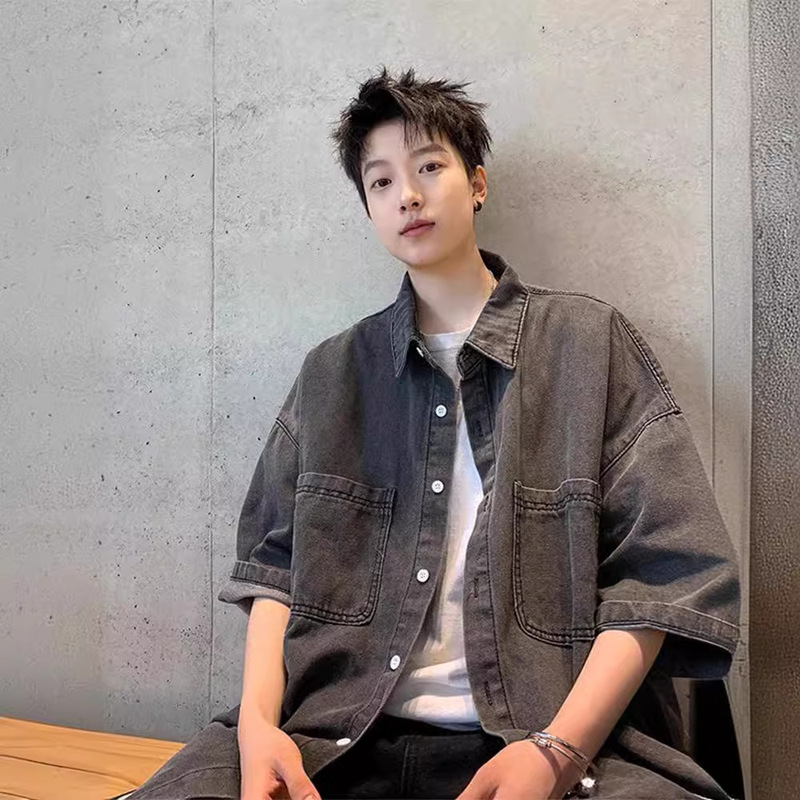 American Style Workwear Denim Short-sleeved Shirt Men's Summer Loose Retro Solid Color Trendy Brand Teenager Half-sleeved Shirt Jacket