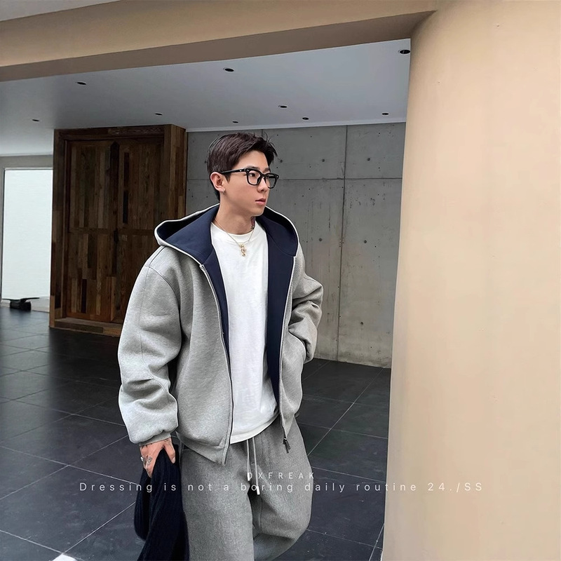 American Retro Contrasting Color Hooded Sweatshirt Men's Autum Heavy Stiff Short Wide Boxy Imperial Red Inner Cardigan Jacket