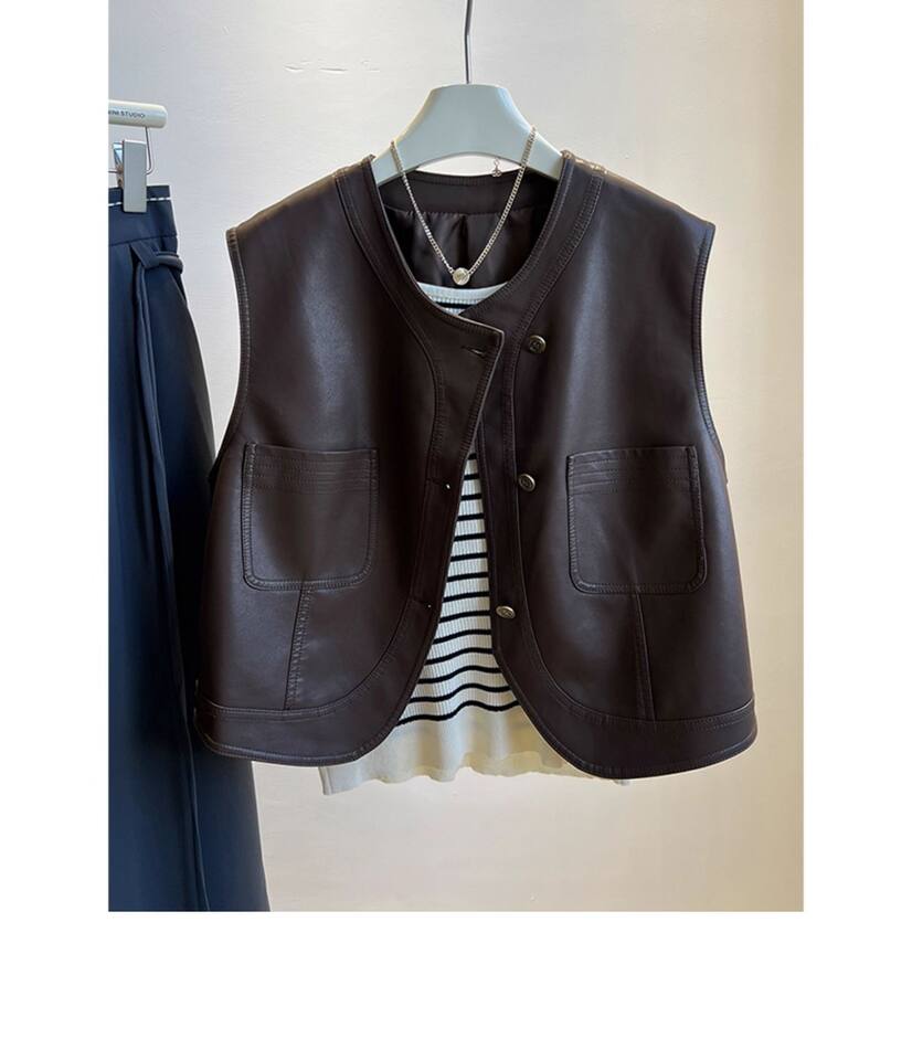 Áo vest nữ da PU phong cách retro Pháp, dáng không tay, một hàng khuy, dài 50–65 cm — Màu nâu, màu đen chi tiết 1