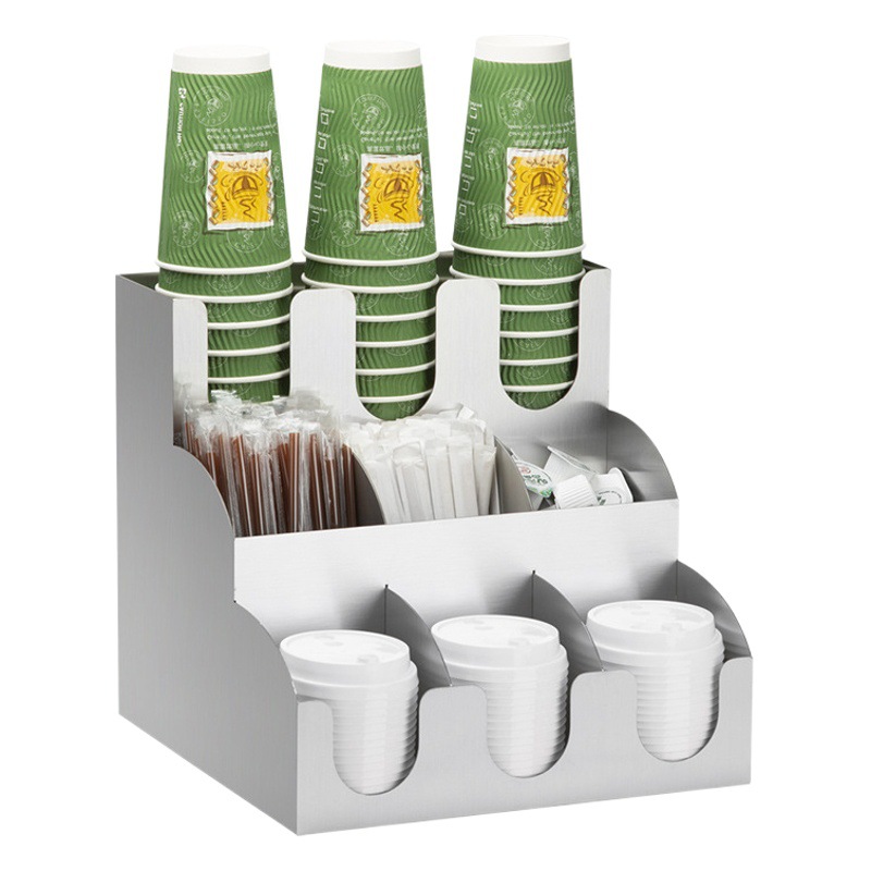 Portavasos de papel multifuncional negro de tres capas de nueve rejillas bolsa de azúcar caja de almacenamiento de paja bar leche tienda de té estante de almacenamiento fábrica