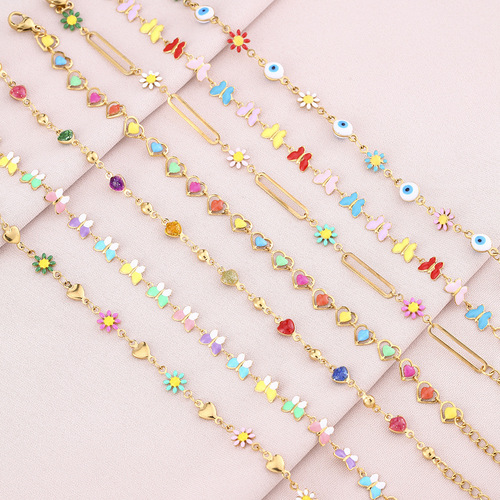 Stainless steel chain for women with a mixed colorful drip oil, versatile geometric shape, titanium steel, eye-shaped petal butterfly heart design