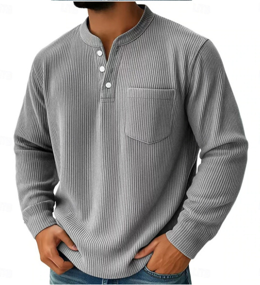 Men's Corduroy Polo Shirt Solid Colour Three-button Collar Top_voghion.com