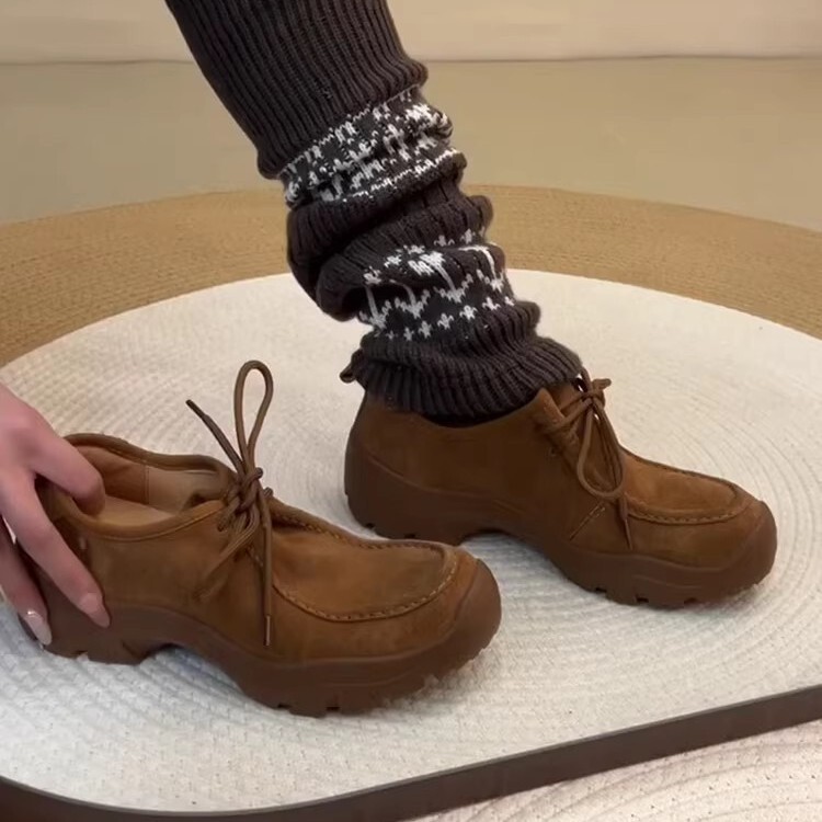 Sheepskin Version~ Deep-Cut Lace-Up Thick-Soled Sports Loafers for Women, Retro Round-Toe Casual Suede Simple Leather Shoes Sheepskin Version~ Deep-Cut Lace-Up Thick-Soled Sports Loafers for Women, Retro Round-Toe Casual Suede Simple Leather Shoes