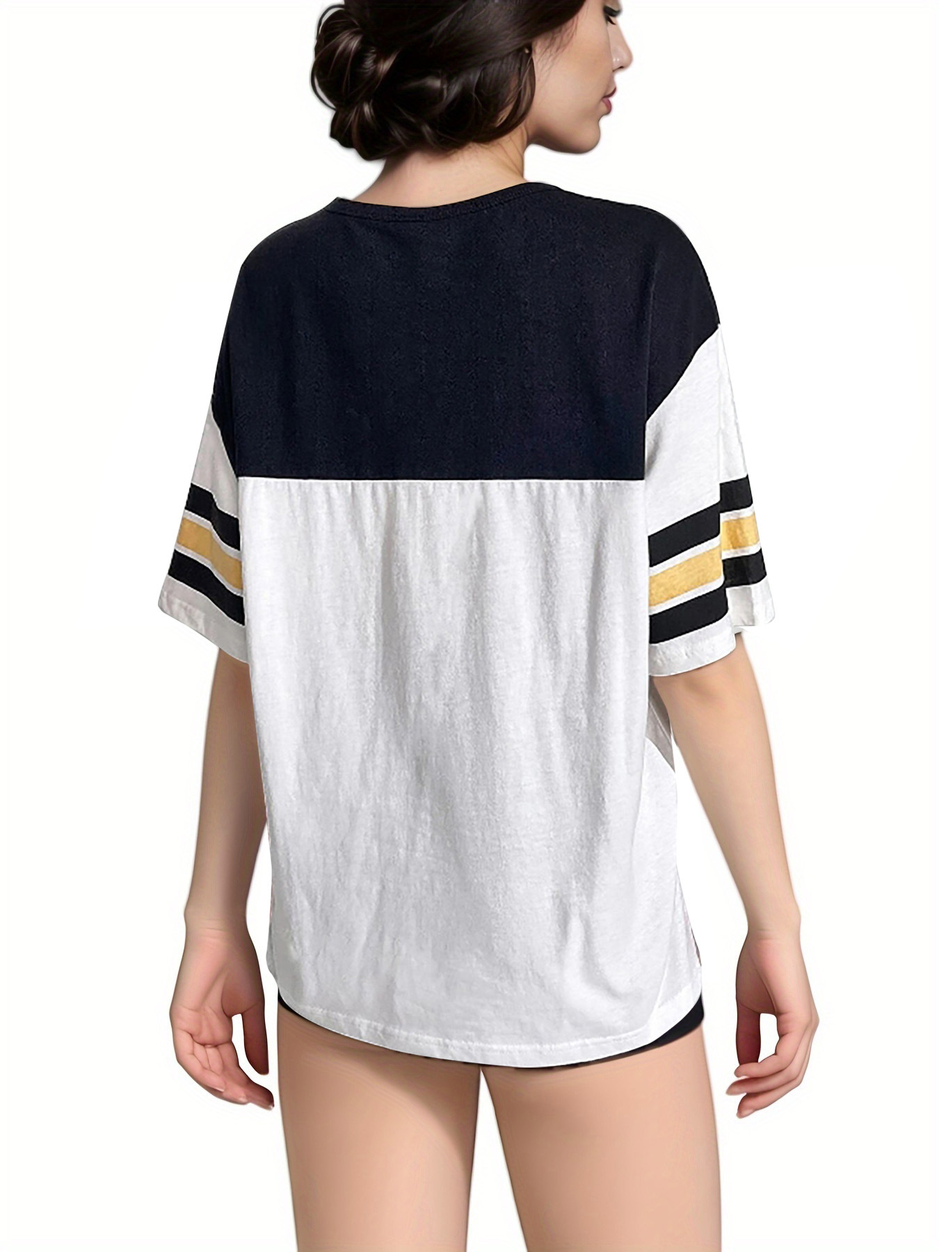 140g Weight Half Sleeve Sleeve Length Pullovers Placket Type Regular Sleeve Sleeve Type Polyester Fabric Type Long Top Length T-shirt Tops Type Holiday, Match Occasion V Neck Neckline Loose Fit Type Letter, Color Block Pattern Summer Season Women's Gender Patchwork, Contrast Binding Design Streetwear Style Wholesale Women's Streetwear Letter Color Block Half Sleeve Patchwork Contrast Binding T-Shirts 14