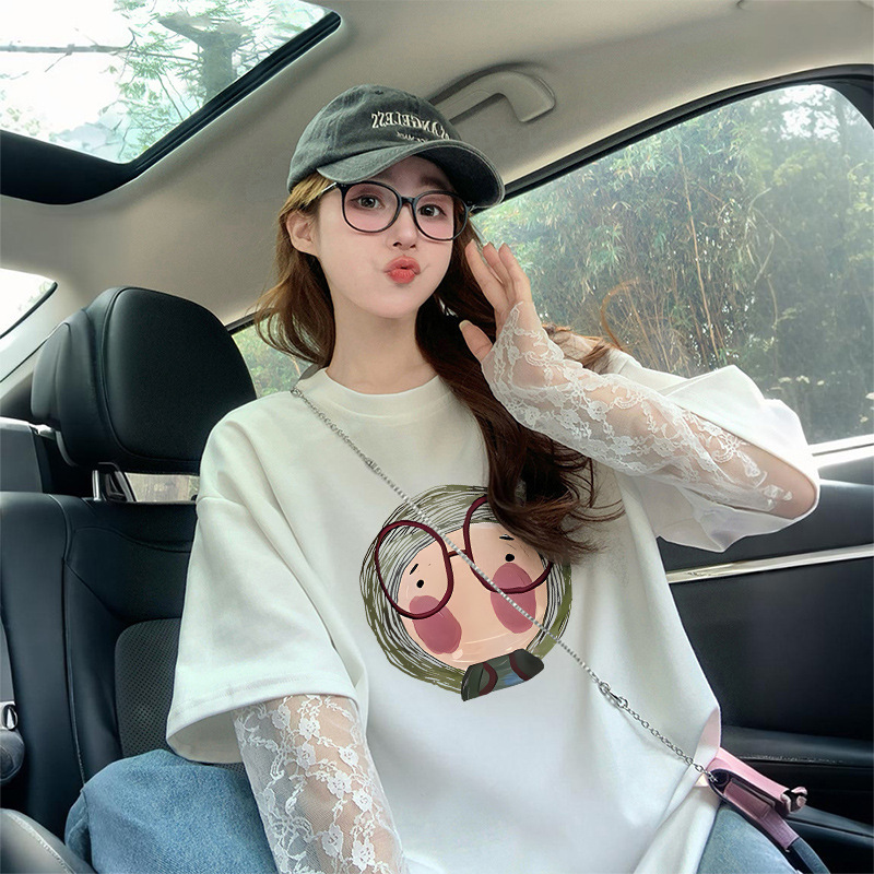 Chic Cartoon Graffiti Fake Two-piece Cotton T-shirt Women's Summer Heavy Lace Stitching Sunscreen Loose Casual Top
