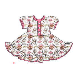 新款欧美精品店童装粉红色牛头靴子印花女孩复活节连衣裙