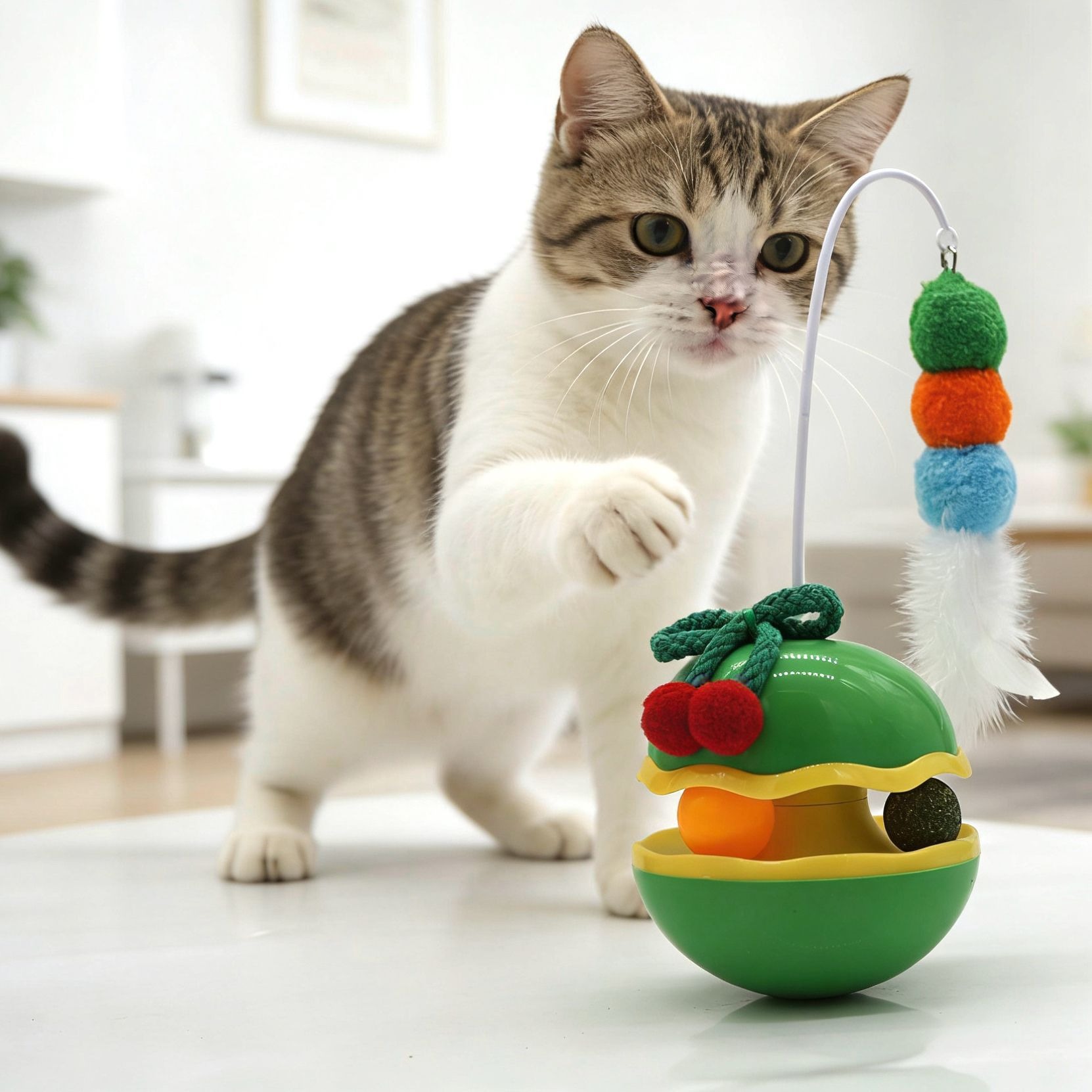 Juguete Tumbler con Plumas para Gatos de Plástico, Interactivo, para Interior