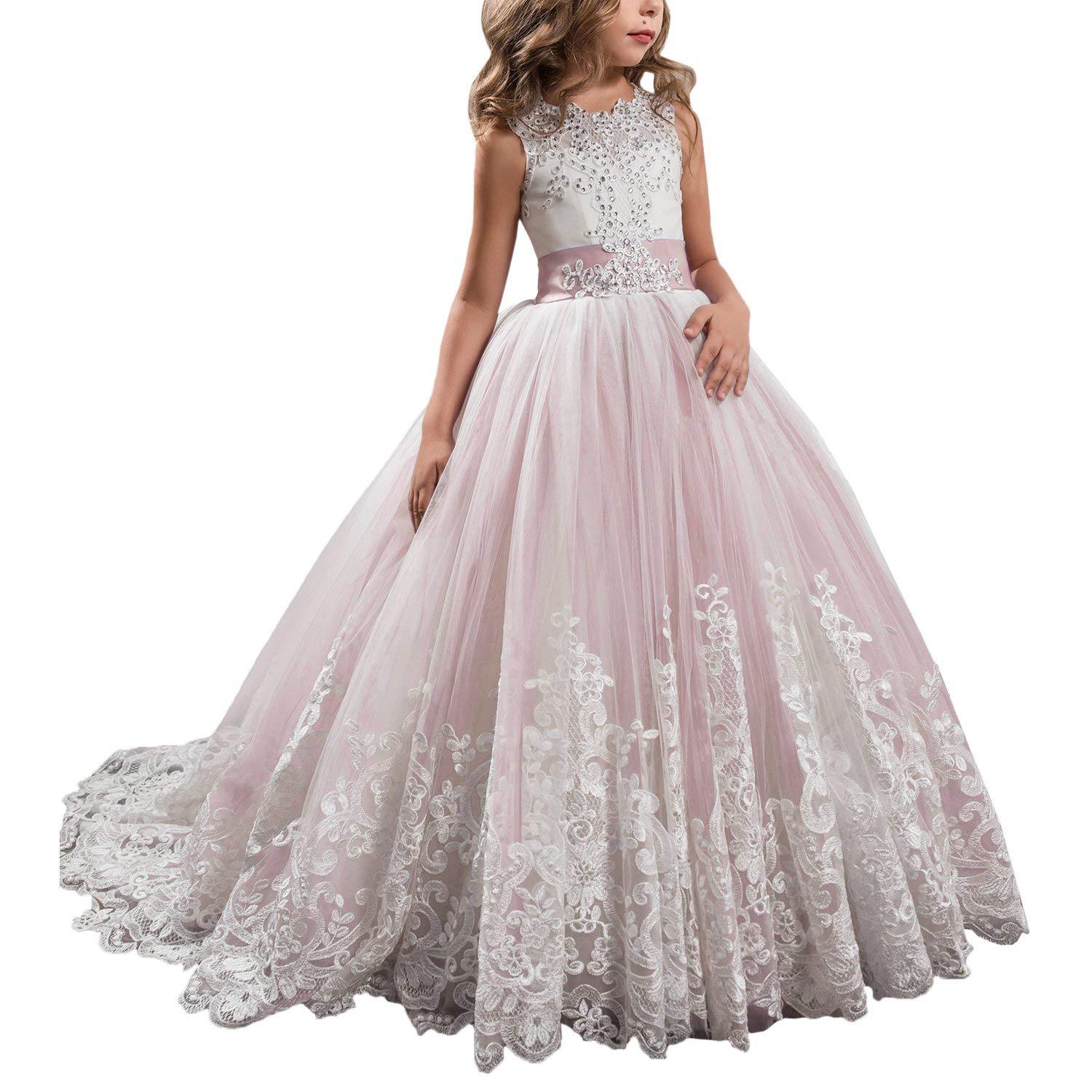 Vestidos de niña estilo princesa con encaje y malla, para fiestas de cumpleaños, damitas de honor y bodas, estilo europeo y americano.